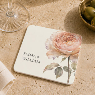 Posavasos Cuadrado De Papel Recepción de Boda Botánica Elegante Melocotón Peon