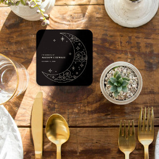 Posavasos Cuadrado De Papel Recepción de Boda Celestial Black Moon & Stars