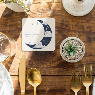 Posavasos Cuadrado De Papel Recepción de Boda Celestial Luna Azul y Estrellas
