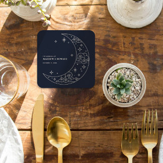Posavasos Cuadrado De Papel Recepción de Boda Celestial Luna y Estrellas de la