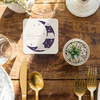 Posavasos Cuadrado De Papel Recepción de Boda Celestial Luna y Estrellas Morad