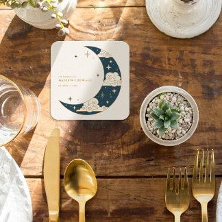 Posavasos Cuadrado De Papel Recepción de boda celestial Teal Moon & Stars