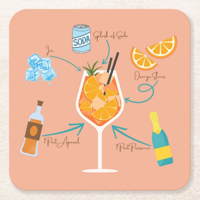Posavasos Cuadrado De Papel Receta de Aperol (Anverso)