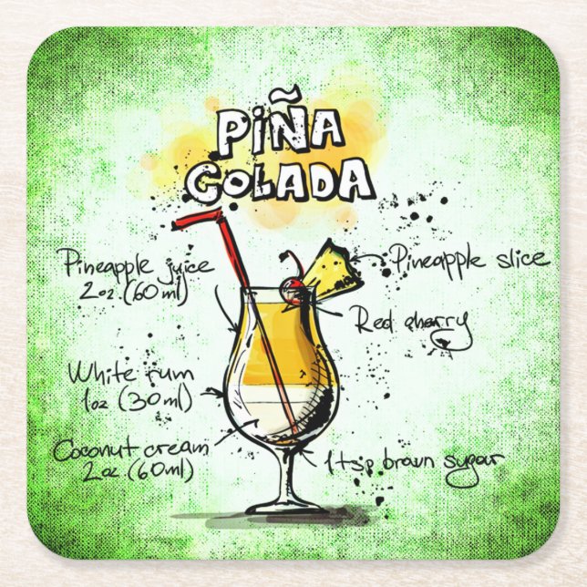 Posavasos Cuadrado De Papel Receta de bebida de Pina Colada (Anverso)