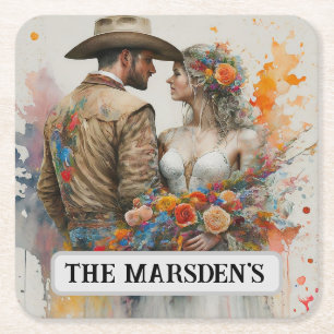 Posavasos Cuadrado De Papel Recién Casados Country Western Acuarela