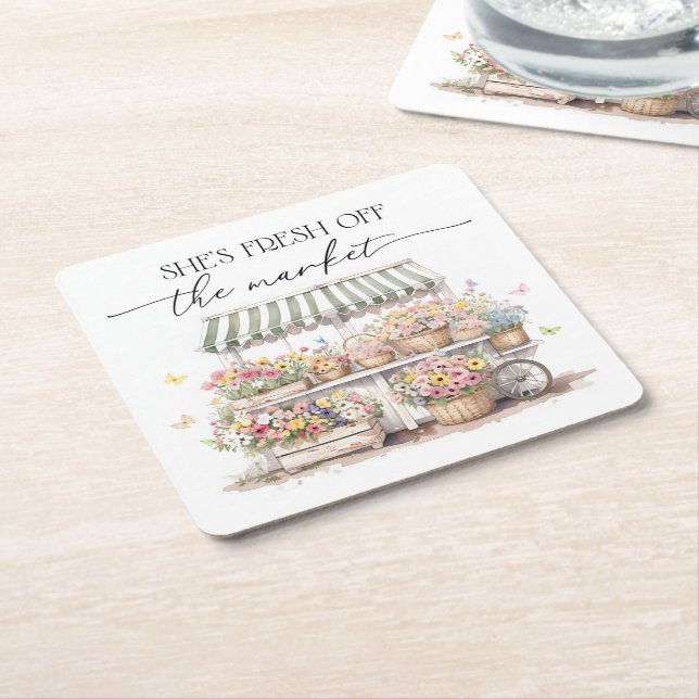 Posavasos Cuadrado De Papel Recién Salido del Mercado Desayuno de Boda Acuarel (En perspectiva)