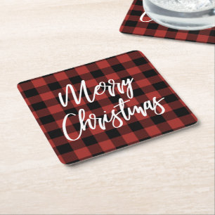 Posavasos Cuadrado De Papel Red Buffalo Check Plaid Merry Christmas