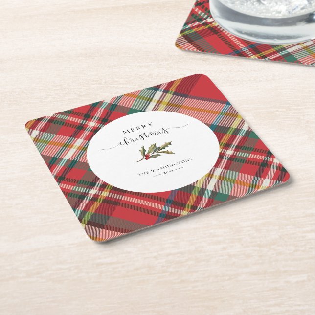 Posavasos Cuadrado De Papel Red Check Rustic Merry Christmas Farmhouse (En perspectiva)