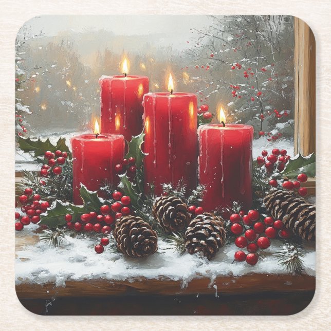 Posavasos Cuadrado De Papel Red Christmas Candles Pine Cones Holly (Anverso)