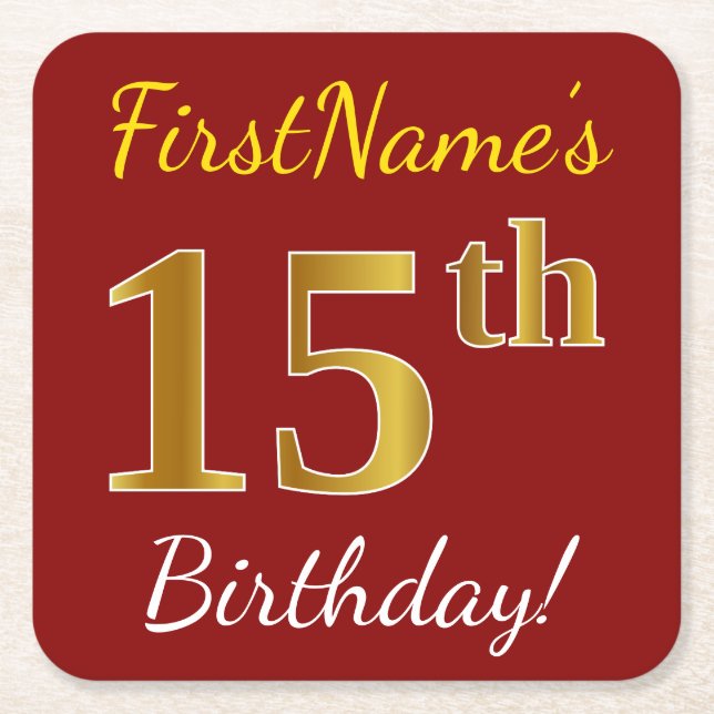 Posavasos Cuadrado De Papel Red, Faux Gold 15th Birthday + Nombre personalizad (Anverso)