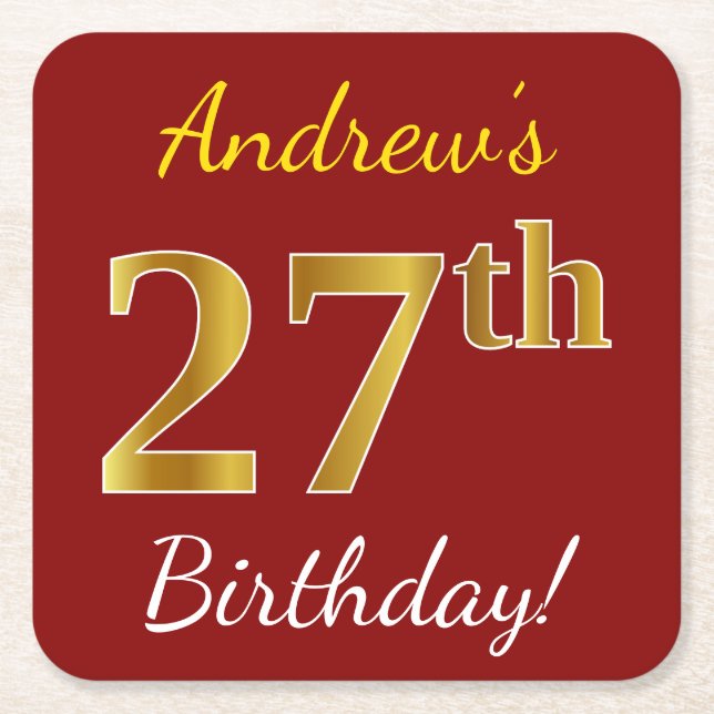 Posavasos Cuadrado De Papel Red, Faux Gold 27th Birthday + Nombre personalizad (Anverso)