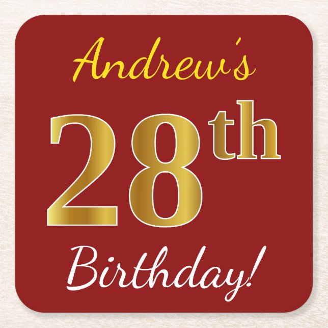 Posavasos Cuadrado De Papel Red, Faux Gold 28th Birthday + Nombre personalizad (Anverso)