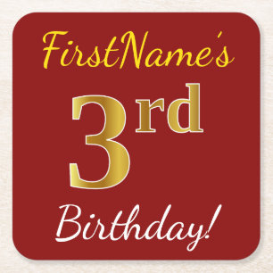 Posavasos Cuadrado De Papel Red, Faux Gold 3Birthday + Nombre personalizado