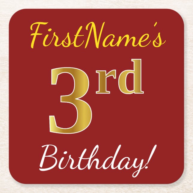 Posavasos Cuadrado De Papel Red, Faux Gold 3Birthday + Nombre personalizado (Anverso)