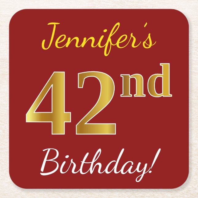 Posavasos Cuadrado De Papel Red, Faux Gold 42nd Birthday + Nombre personalizad (Anverso)