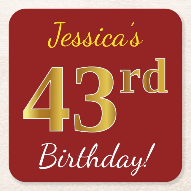 Posavasos Cuadrado De Papel Red, Faux Gold 43rd Birthday + Custom Name (Anverso)