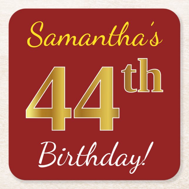 Posavasos Cuadrado De Papel Red, Faux Gold 44th Birthday + Nombre personalizad (Anverso)