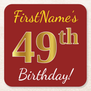 Posavasos Cuadrado De Papel Red, Faux Gold 49th Birthday + Custom Name