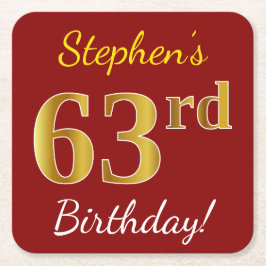 Posavasos Cuadrado De Papel Red, Faux Gold 63rd Birthday + Custom Name