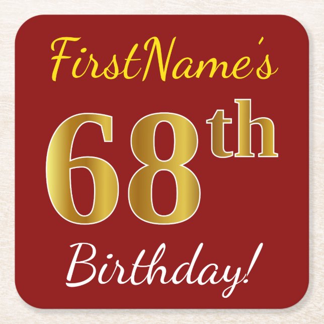 Posavasos Cuadrado De Papel Red, Faux Gold 68th Birthday + Nombre personalizad (Anverso)
