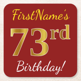 Posavasos Cuadrado De Papel Red, Faux Gold 73rd Birthday + Custom Name