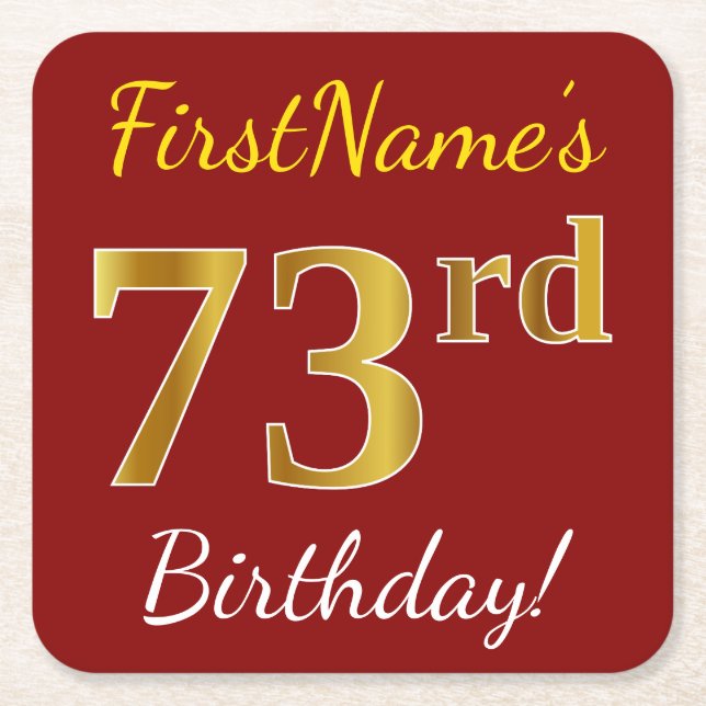 Posavasos Cuadrado De Papel Red, Faux Gold 73rd Birthday + Custom Name (Anverso)