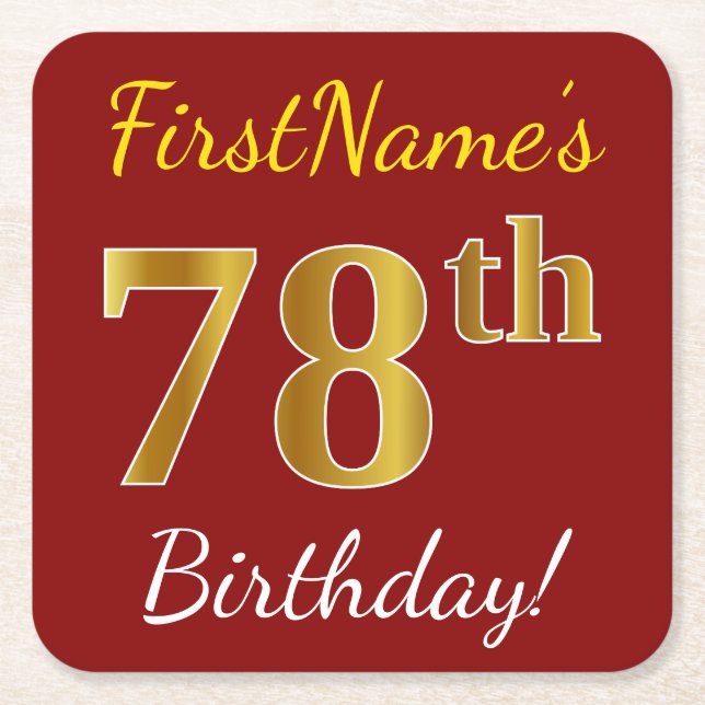 Posavasos Cuadrado De Papel Red, Faux Gold 78th Birthday + Custom Name (Anverso)