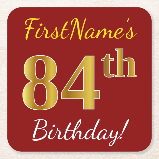 Posavasos Cuadrado De Papel Red, Faux Gold 84th Birthday + Nombre personalizad (Anverso)