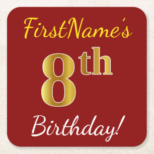 Posavasos Cuadrado De Papel Red, Faux Gold 8Cumpleaños + Nombre Personalizado