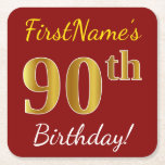 Posavasos Cuadrado De Papel Red, Faux Gold 90th Birthday   Nombre personalizad<br><div class="desc">Este sencillo diseño de montaña rusa de papel muestra un mensaje como "¡Cumpleaños 90 de FirstName!", donde el "90" tiene un aspecto de color falso/imitación de oro, en un fondo de color rojo. El nombre se puede personalizar. Las galletitas de papel personalizadas como estas podrían ser usadas en una fiesta...</div>