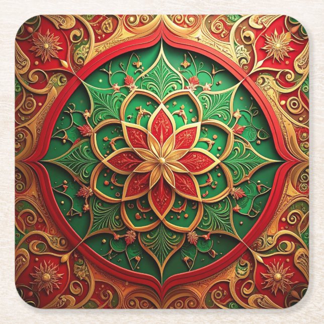 Posavasos Cuadrado De Papel Red Green Decorative Holiday Paper Coaster (Anverso)