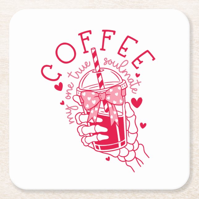 Posavasos Cuadrado De Papel Red Hearts Skeleton Coffee Soulmate (Anverso)