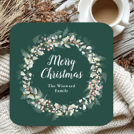 Posavasos Cuadrado De Papel Red Holly Wreath Merry Christmas