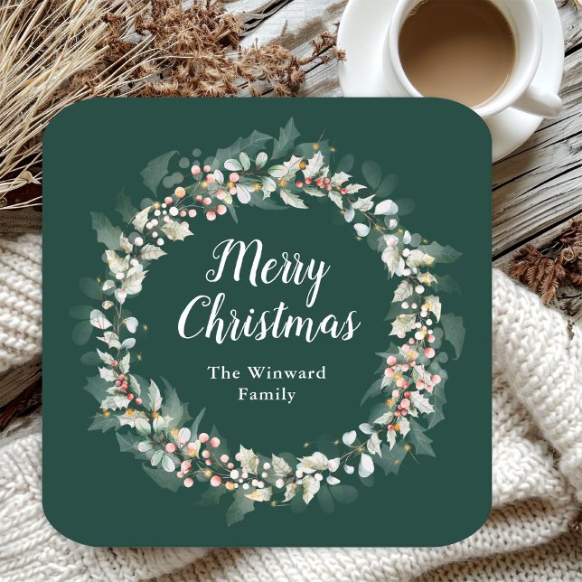 Posavasos Cuadrado De Papel Red Holly Wreath Merry Christmas (Subido por el creador)