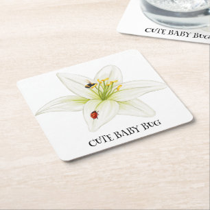 Posavasos Cuadrado De Papel Red Ladybug rosa Lily Flower chica de nombre de ni