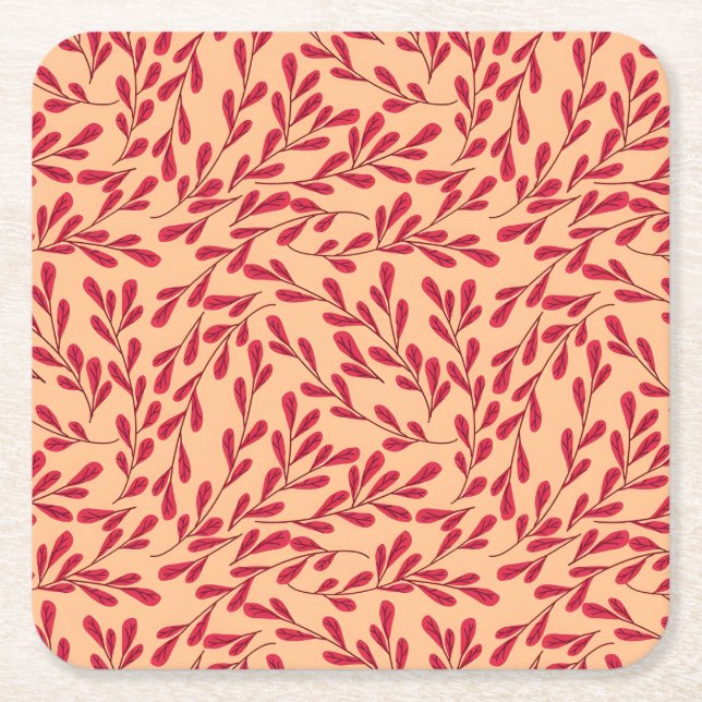 Posavasos Cuadrado De Papel  Red Leafy Branches Seamless Pattern (Anverso)