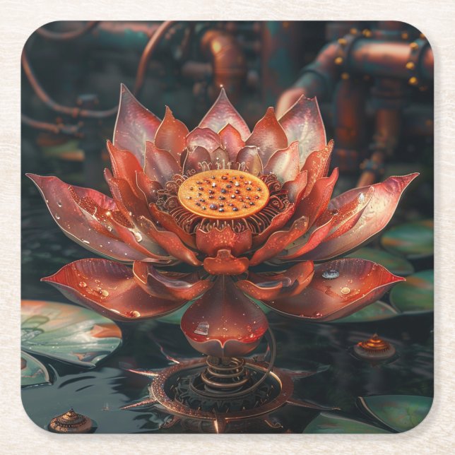 Posavasos Cuadrado De Papel Red Lotus Flower Digital Art (Anverso)