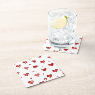 Posavasos Cuadrado De Papel Red Plaided Hearts Design Glass Coaster