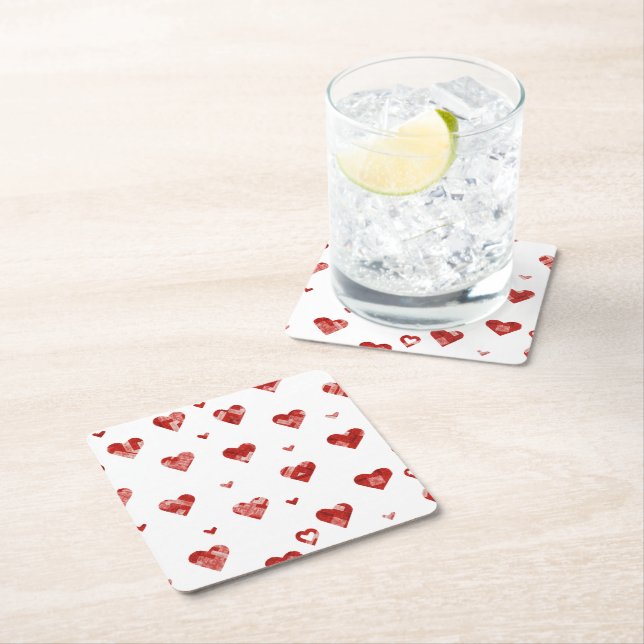 Posavasos Cuadrado De Papel Red Plaided Hearts Design Glass Coaster (In situ)
