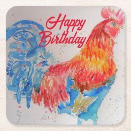 Posavasos Cuadrado De Papel Red Rooster Watercolor Pintura Art Cumpleaños