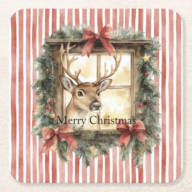 Posavasos Cuadrado De Papel Red Stripes Bows Christmas Deer in Window (Anverso)