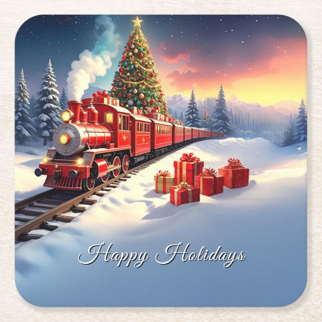 Posavasos Cuadrado De Papel Red Train Christmas Tree Holiday Paper Coaster (Anverso)