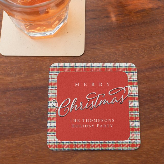 Posavasos Cuadrado De Papel Red y Green Plaid Feliz Navidad Personalizado (Merry Christmas red and green holiday plaid paper coaster)