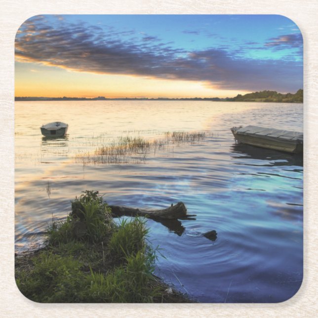 Posavasos Cuadrado De Papel Reflexión de los barcos de navegación de la puesta (Anverso)