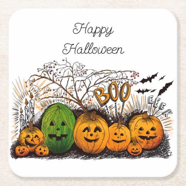 Posavasos Cuadrado De Papel Refrigerador de línea Jack-o-lantern (Anverso)