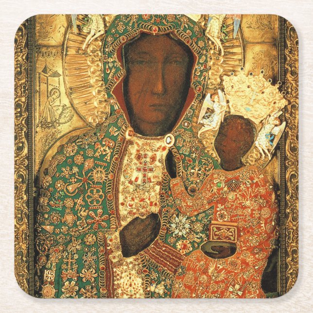 Posavasos Cuadrado De Papel Regalo de Nuestra Señora de Czestochowa Madonna Ne (Anverso)