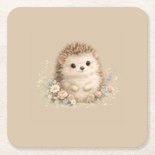 Posavasos Cuadrado De Papel Regalo floral de Cottagecore de erizo Kawaii