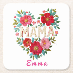 Posavasos Cuadrado De Papel Regalo personalizado de corazón floral para mamá