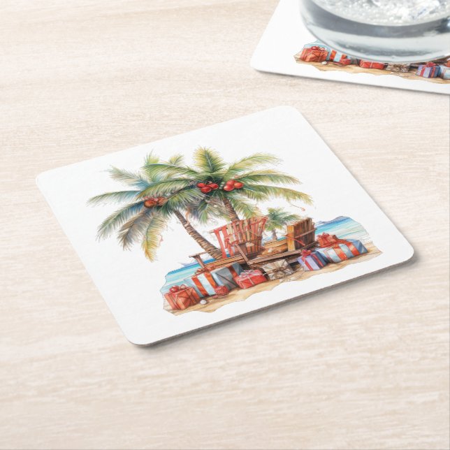 Posavasos Cuadrado De Papel Regalos bajo la palmera (En perspectiva)