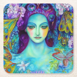 Posavasos Cuadrado De Papel Reina de hadas encantada con mariposas